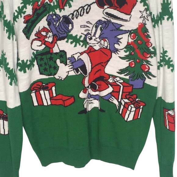 Tom and Jerry Sweater Mens Large Green Red Christmas Ugly Crewneck Pullover - Picture 2 of 15
